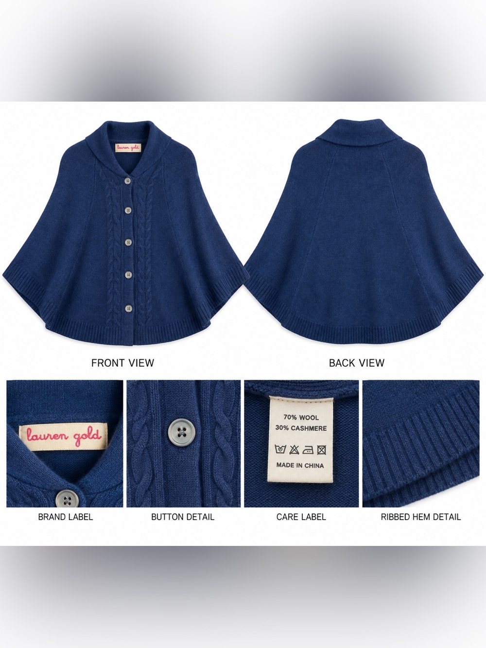 Lauren Gold Wool Cashmere Cable Knit Button Front Cape Poncho – Navy Blue